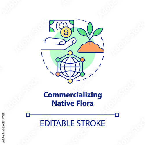 Commercializing native flora concept icon. Plants cultivating. Agricultural trends abstract idea thin line illustration. Isolated outline drawing. Editable stroke. Arial, Myriad Pro-Bold fonts used