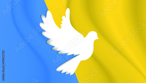 Cut out silhouette Pigeon Dove and colors of the Ukrainian flag.  Shape of ukrainian flag blue and yellow in the struggle for peace over waves. Support Ukraine. 