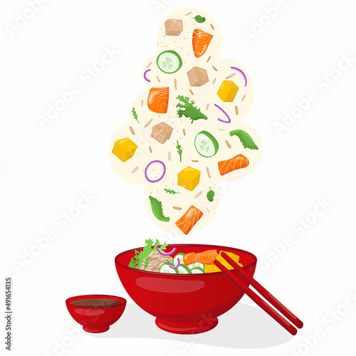 Flying salmon poke bowl illustration Hawaiian cuisine with sauce boat and chopsticks. Vector stock illustration isolated on white background for fast food restaurant with healthy, bio, meals. 