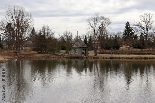 The gazebo at the lake on a cloudy day.