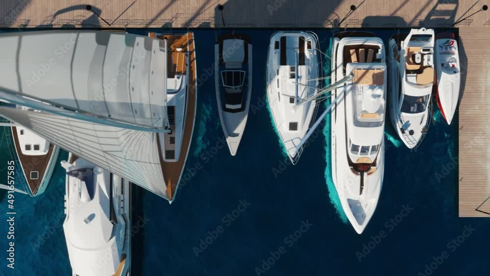 Aerial view of the yacht club. Aerial top-down view of docked sailboats. Top down view of yachts. 3d visualisation