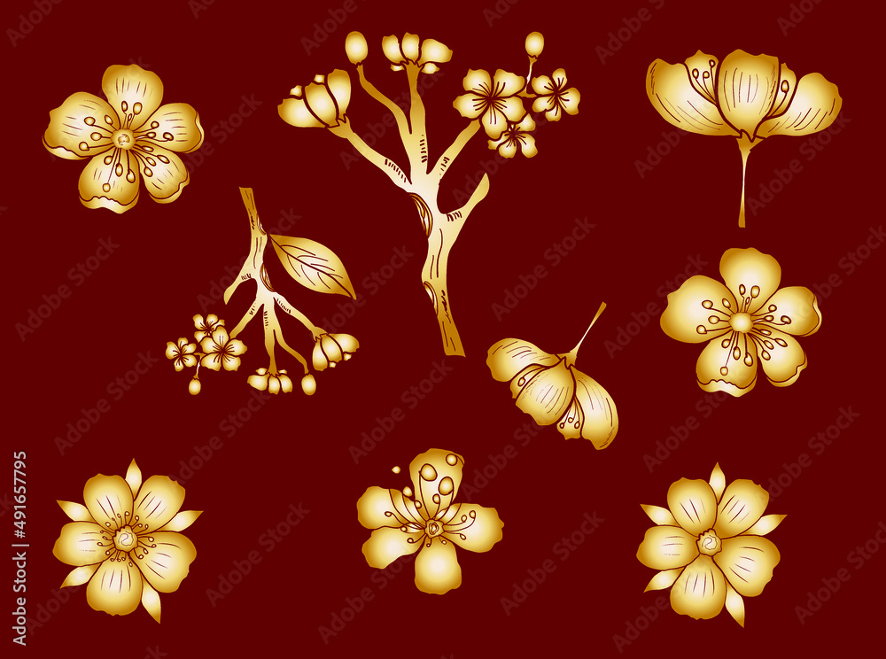 Branch of Cherry blossom on white.Vector illustration Sakura Flower,Nice Peach blossom isolated vector.Japanese floral.Nature background with blossom branch of sakura flower vector.Gold line apricot. Branch of Cherry blossom on white.Vector illustration Sakura Flower,Nice Peach blossom isolated vector.Japanese floral.Nature background with blossom branch of sakura flower vector.Gold line apricot.