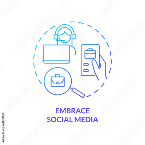 Embrace social media blue gradient concept icon. What to do if you made bad career choice abstract idea thin line illustration. Find job online. Isolated outline drawing. Myriad Pro-Bold font used