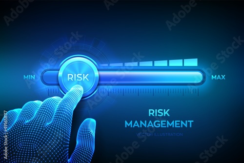 Risk levels knob button. Wireframe hand is pulling to the minimum position risk progress bar. Risk management business concept. Vector illustration. photo