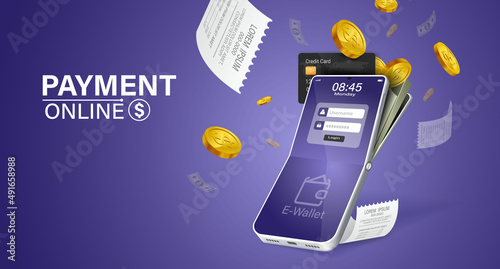 Money online on mobile phone, vector design. Capital flow, earning or making money. Financial savings.mobile wallet online on purple background.Concept of spending money online through the internet.