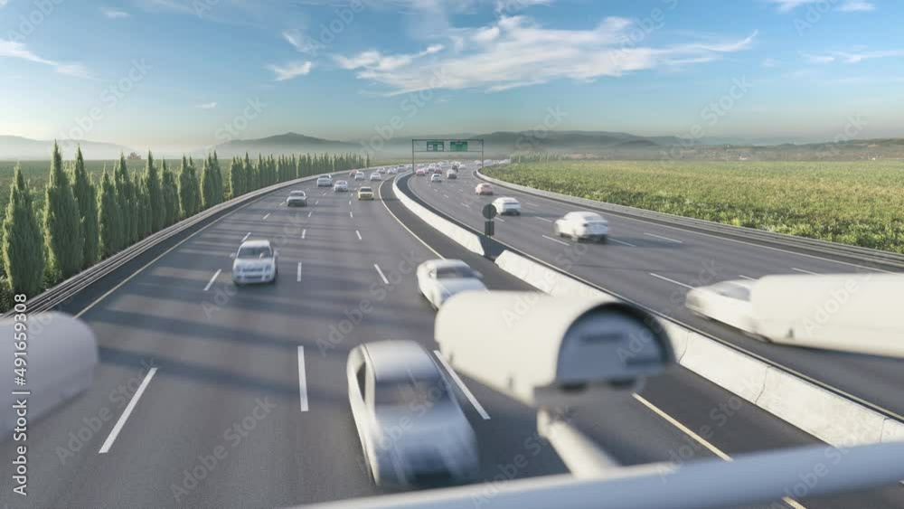 Radar speed control camera on the highway. Speed camera monitoring busy traffic road. The cameras speed control on the road