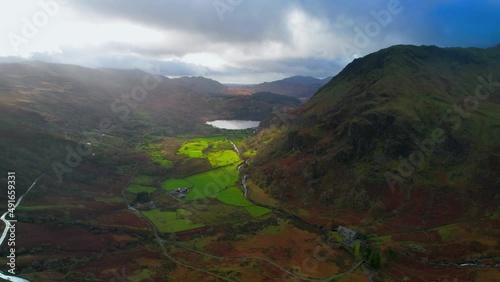 Nant Gwynant valley with glacial lake in background, Wales in UK. Aerial panoramic view photo