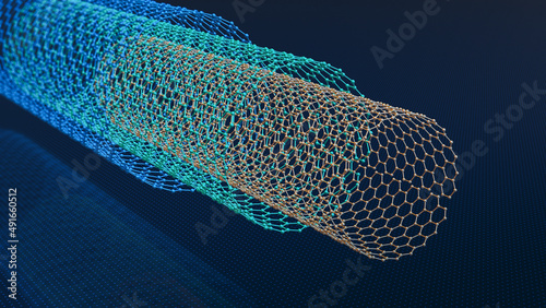 carbon nanotubes, graphene structure with carbon atoms, honeycomb, nanotechnology concept illustration (3d render) photo