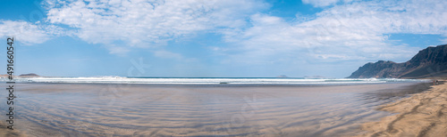 Panoramic Famara beach surf point landscape view, Lanzarote, Canary Islands, Spain