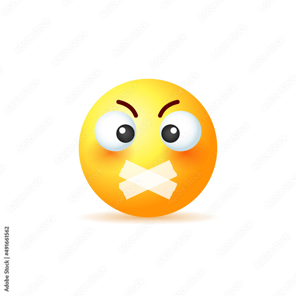Yellow emoji with taped mouth isolated on white background.