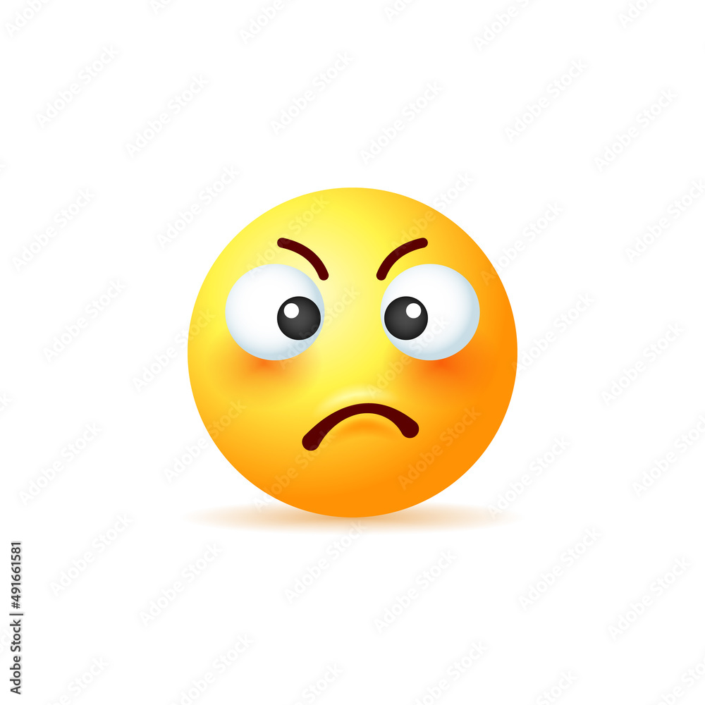 Angry yellow emoji isolated on white background.