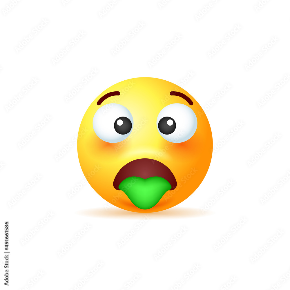Yellow emoji with green tongue isolated on white background. Yellow emoji with green tongue isolated on white background.