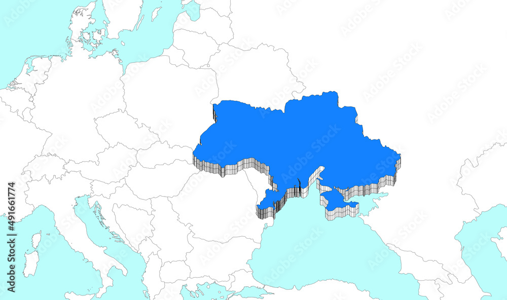 ukraine highlighted in blue in the middle of europe, the borders of the state are in three-dimensional form and the neighboring countries are neutral in white.