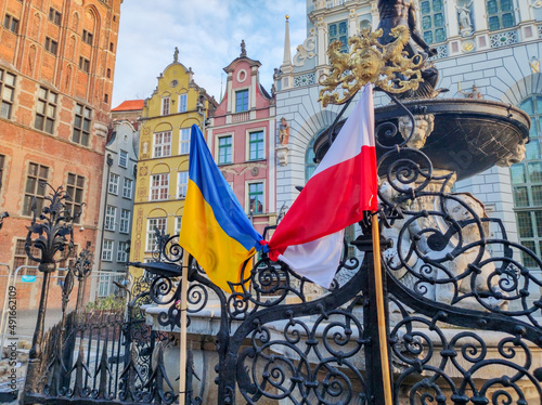 Related flags of ukraine and poland. Symbol of solidarity with Ukraine after Russian invasion.