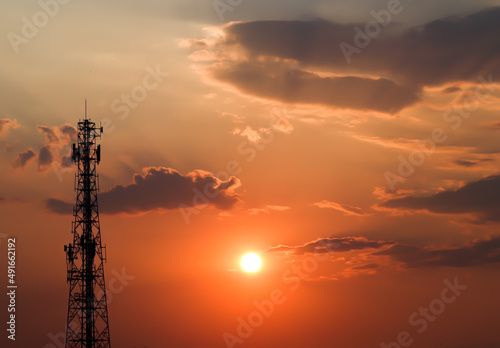 Transmission tower with sunset in the evening, wide of sunset view, signal tower, telecommunication