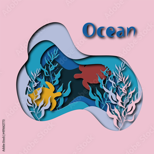 Paper cut. underwater sea ocean cave with turtles and seaweed