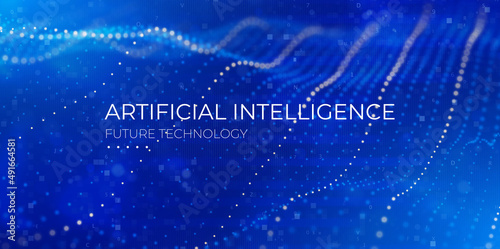 Artificial intelligence concept. Abstract blue particle background. Flow wave with dot landscape. Digital data structure. Future mesh or sound grid. Pattern point visualization.