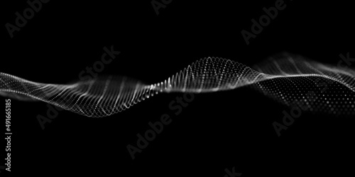 Abstract white particle background. Flow wave with dot landscape. Digital data structure. Future mesh or sound grid. Pattern point visualization.