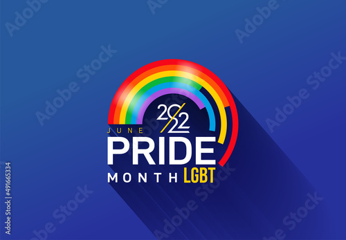 Lgbtq pride month logo with rainbow flag. Symbol of pride month june support. LGBT Pride Month 2022. Pride day line abstract logo. LGBTQ related symbol in rainbow colors. Human rights and tolerance.