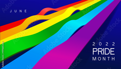 LGBTQ Pride Month 2022. Colored label on rainbow flag background. Human rights or diversity concept. LGBT event banner design, the rainbow is heading up. Vector isolated on black background.