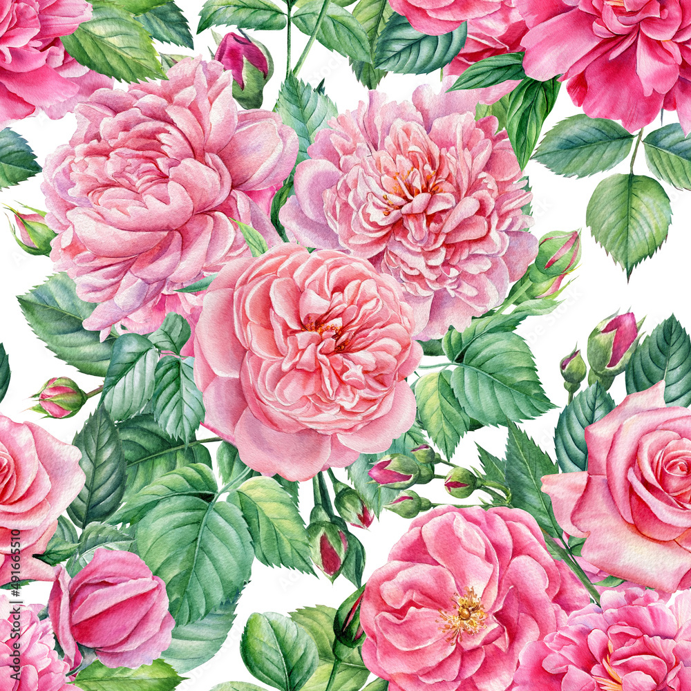 Seamless pattern of flowers. Roses, peony and leaves on an isolated background. Watercolor botanical illustration