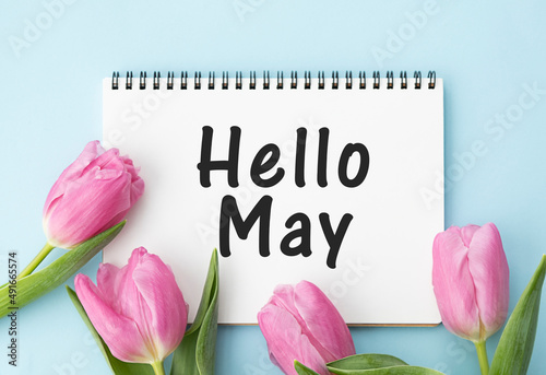 Hello May. text on white notepad paper on blue background. near notepad with pink flowers