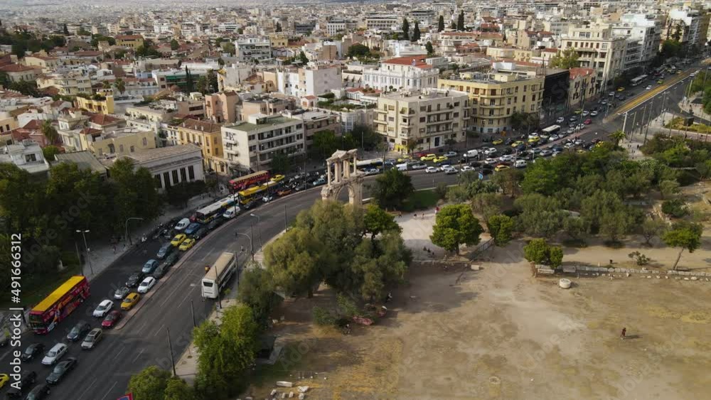 Aerial View of Traffic Jam in Athens, Greece, Boulevard and Buildings, Hadrian's Arch and Park on Sunny Summer Day - Drone Shot Aerial View of Traffic Jam in Athens, Greece, Boulevard and Buildings, Hadrian's Arch and Park on Sunny Summer Day - Drone Shot