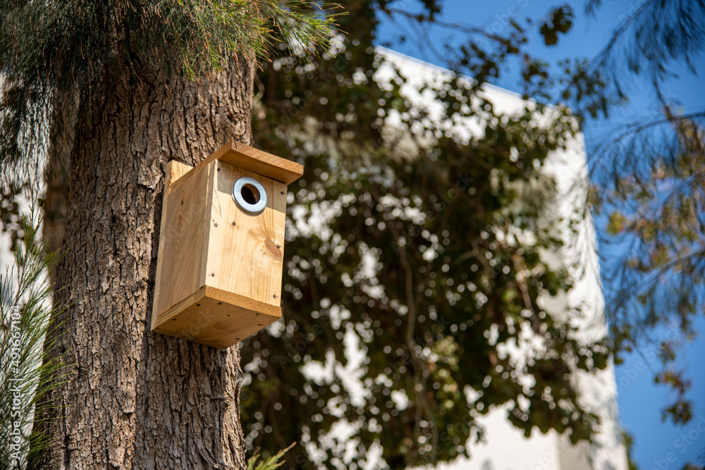 A low angle shot of a wooden birdhouse hanging on a tree trunk. High quality photo