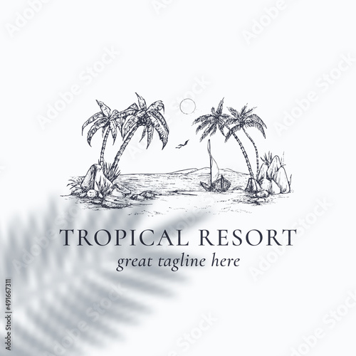 Palm Trees tropical resort view badge or Logo Template Hand Drawn beach with palms and boat Sketch with Typography. Premium Nature Emblem Isolated photo