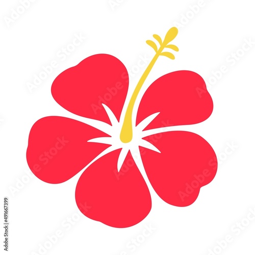 Vector illustration of tropical red Hibiscus flower isolated on white background. Blooming Hibiscus vector silhouette, Summer vibe graphic design, floral clipart.