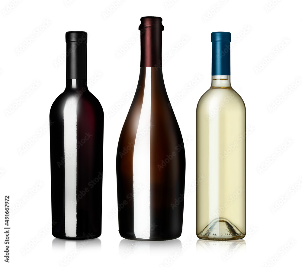 Red and white wine bottles isolated on a white background Red and white wine bottles isolated on a white background