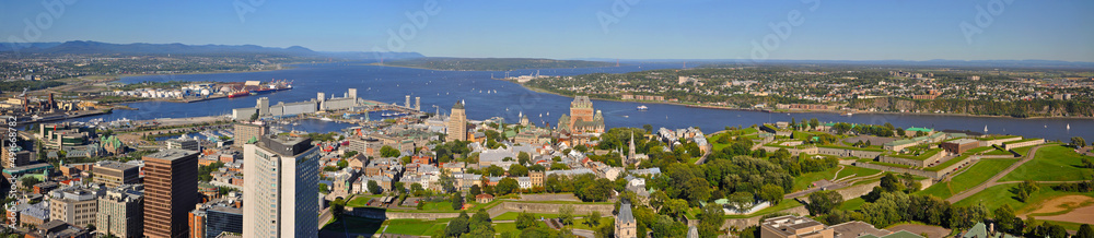 Panoramic aerial view of Chateau Frontenac in Old Quebec City World Heritage Site and St. Lawrence River in summer, Quebec QC, Canada. 