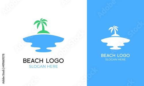 Simple beach logo design with island and sea icon