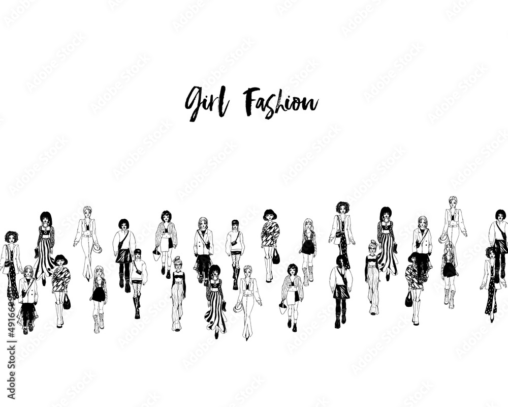 Stylish young women dressed in trendy clothes. Crowd of girls. Black and white illustration