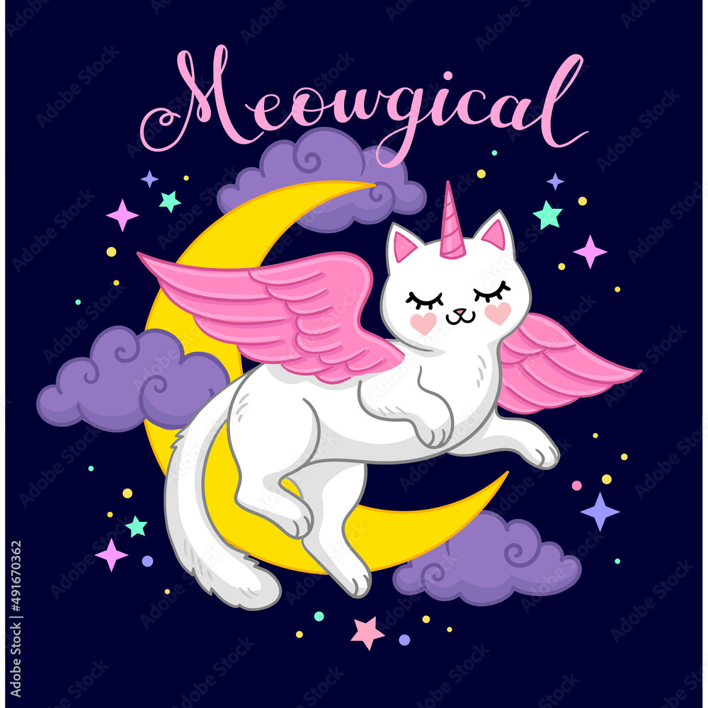 Meowgical text. White winged cat with moon and clouds. Vector illustration in cartoon style