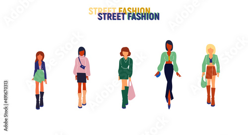 Collection of stylish young women dressed in trendy clothes. Vector fashion illustration.
