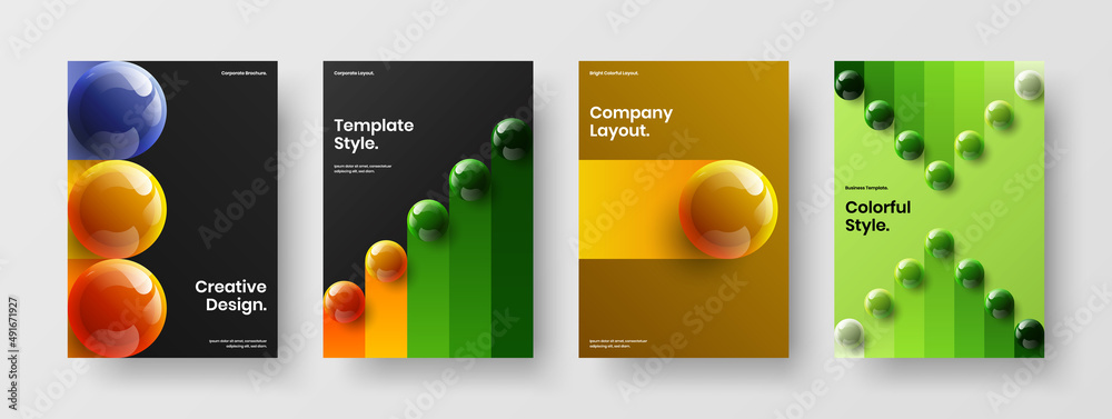 Premium pamphlet design vector template bundle. Clean realistic spheres company brochure illustration composition.