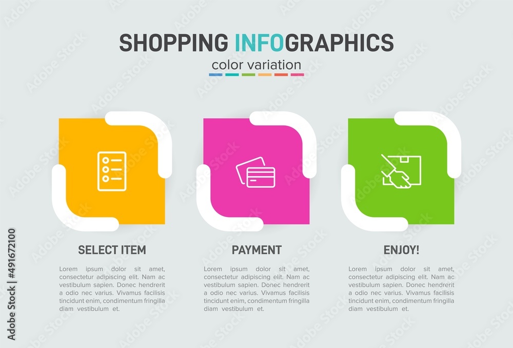 Obraz premium Concept of shopping process with 3 successive steps. Three colorful graphic elements. Timeline design for brochure, presentation, web site. Infographic design layout.