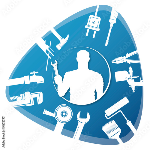 Handyman with a wrench in his hand. Symbol for repair and service with tool