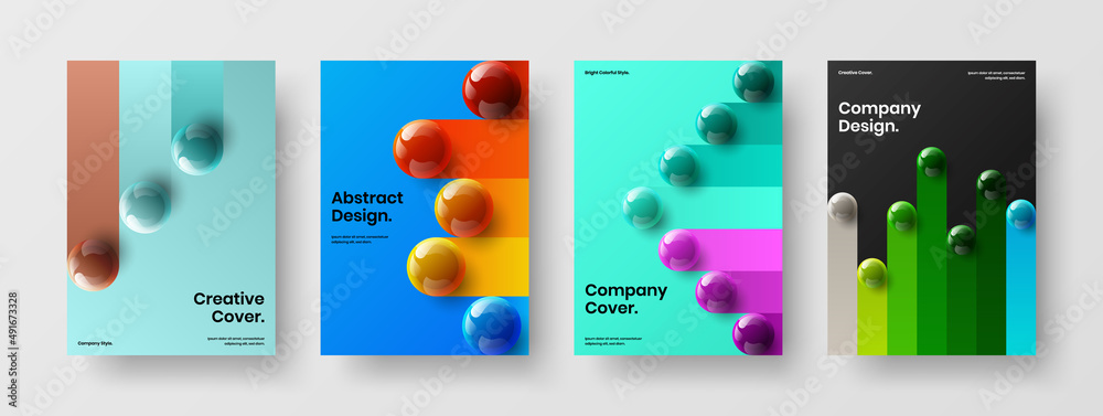 Bright 3D spheres catalog cover illustration collection. Geometric presentation vector design concept bundle.