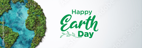 Happy earth day Banner concept. Ecology concept. Design with 3d globe map drawing and leaves isolated on white background. v photo