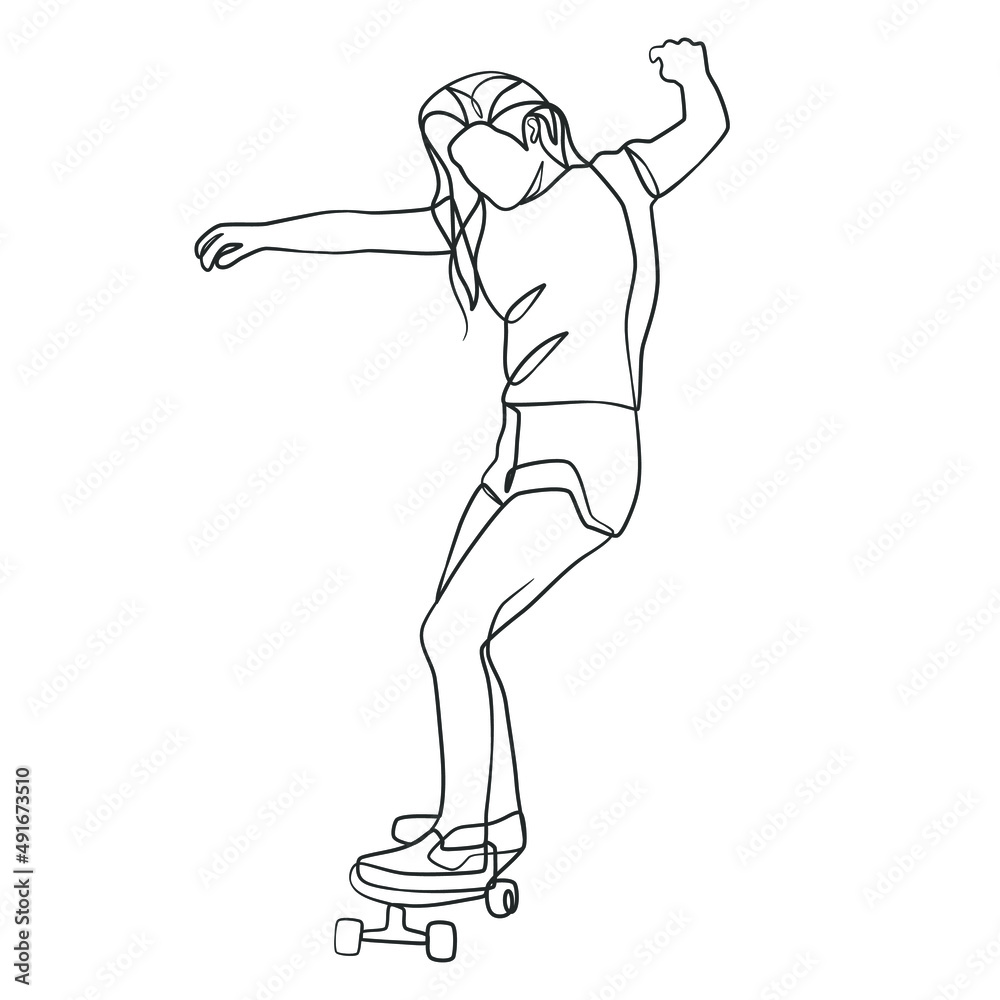 Continuous line drawing of girl playing skateboard