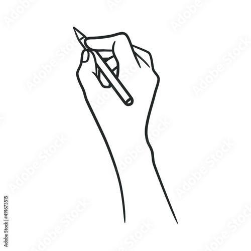 Line art illustration of hand holding pen and writing or drawing
