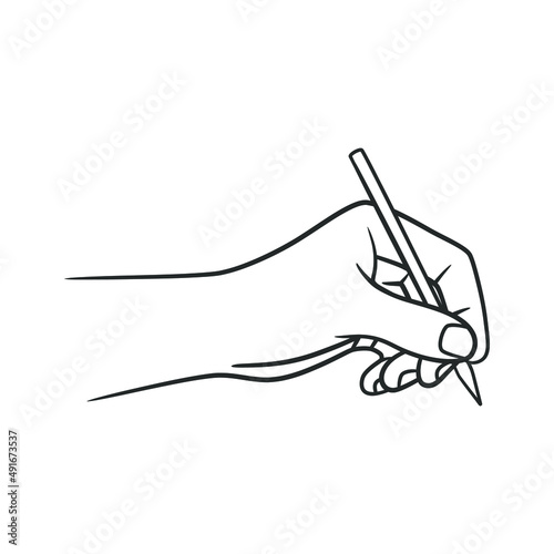 Line art illustration of hand holding pen and writing or drawing
