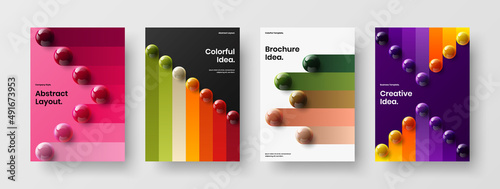 Multicolored brochure design vector layout set. Isolated realistic spheres book cover template composition.