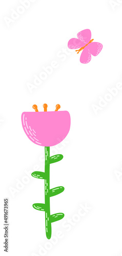 Spring postcard. Flat vector illustration with butterfly and flower in pink and green colors.