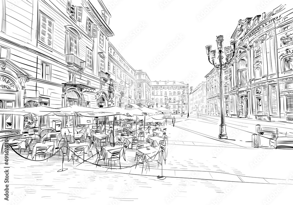 Naklejka premium Milan. Italy. Street cafe. Hand drawn sketch. Vector illustration.