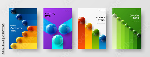 Abstract 3D spheres banner layout bundle. Multicolored magazine cover A4 vector design template collection.