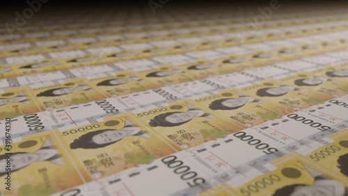 50000 South Korean won bills on money printing machine. Video of printing cash. Banknotes. KRW. photo
