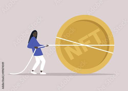 A startup funding: a young female African character pulling a giant golden coin, tug of war in business, a fundraising campaign